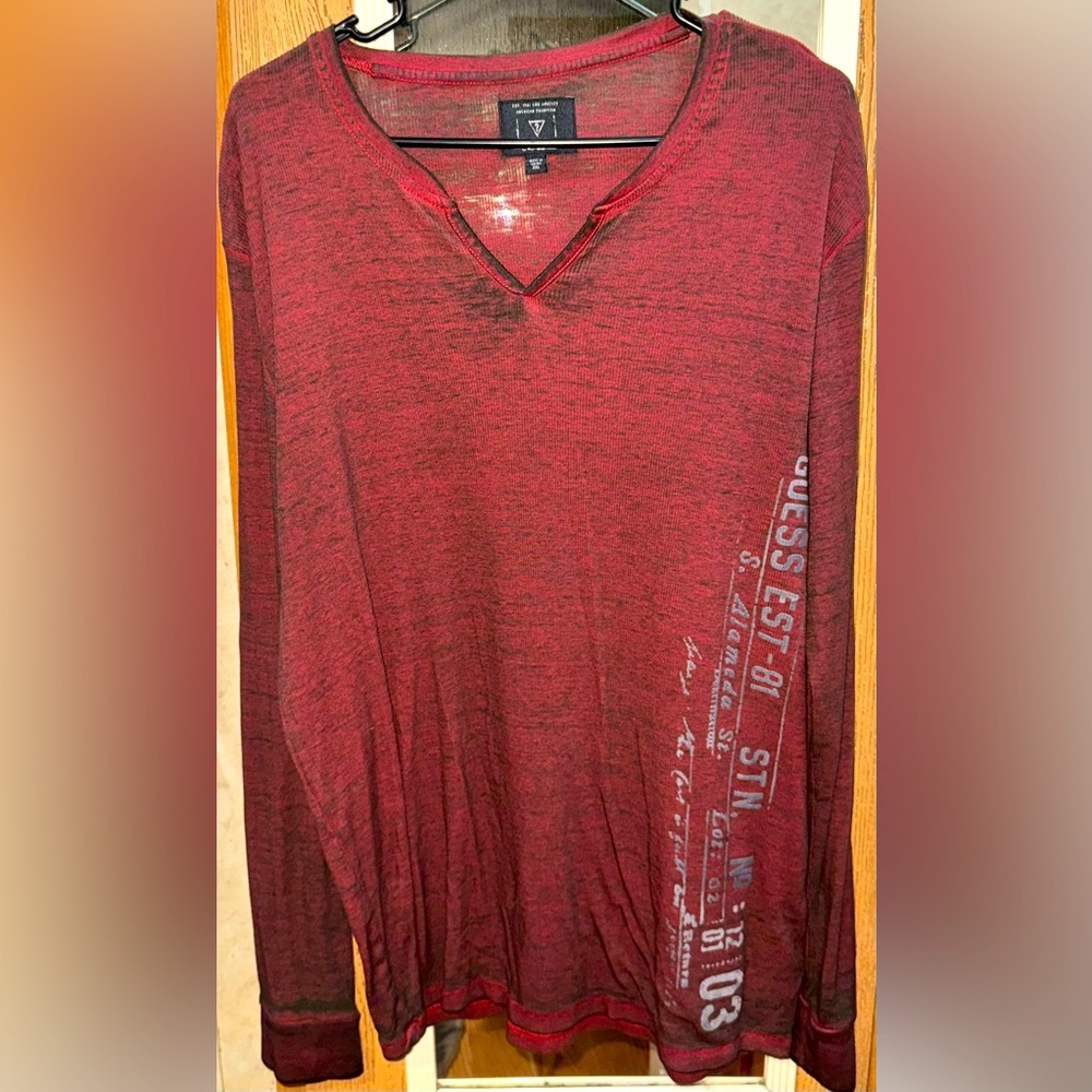 GUESS Men’s Long Sleeve Burnout Tee – Distressed Maroon Red, Size XXL